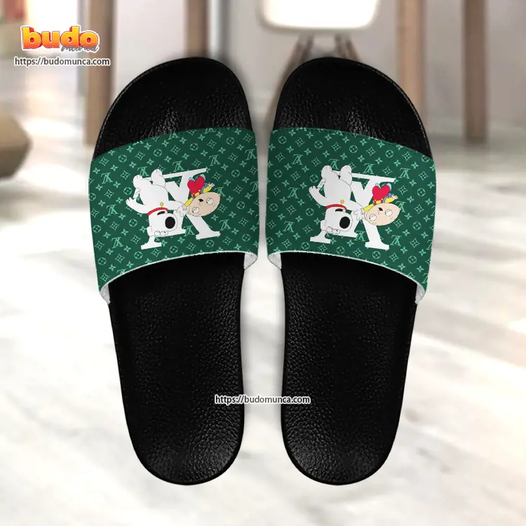 Slide sandals family guy stewie griffin and brian griffin and louis vuitton gift unique slide sandals for man woman and kid